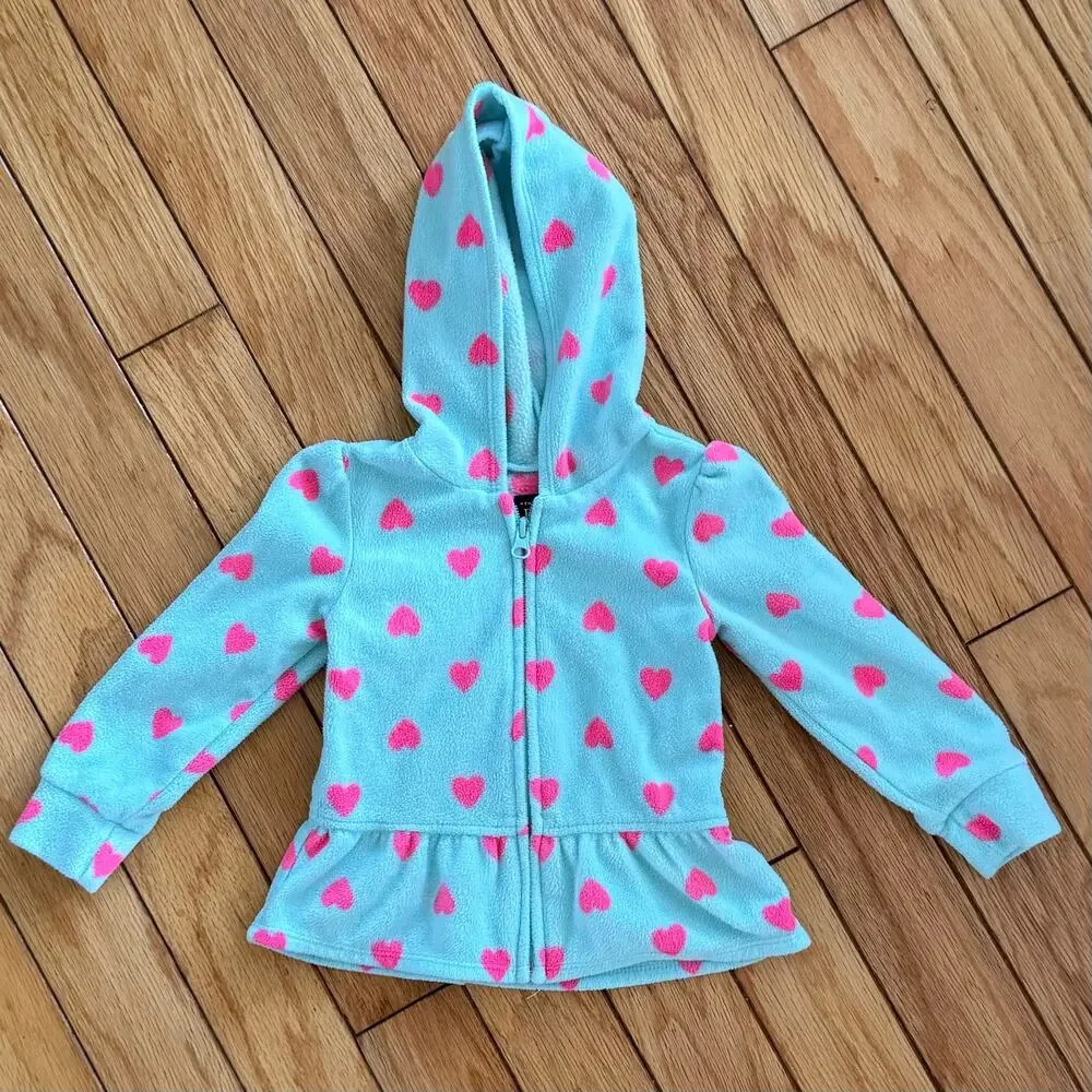 The Children's Place Girls Blue Fleece Zip Up Heart Hoodie Jacket Peplum Size 2T